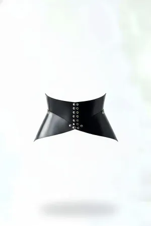 Black Sculpted Waspie Corset Belt with Silver Rivets and Eyelets