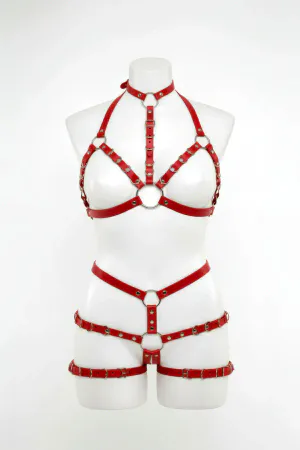 Red Faux Leather Full Body Harness Women Silver O-Rings