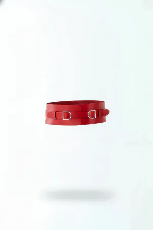 Red Faux Leather Wide Waist Cinch Harness Belt with Dual Silver D-Ring Buckles