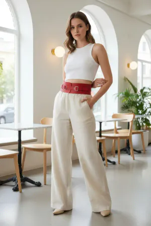 Red Faux Leather Wide Waist Harness with Double Buckles Styled
