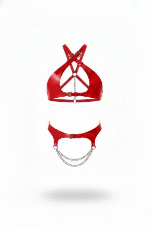 Red Vegan Leather Halter Harness Top and Matching Waist Belt with Draping Silver Chains