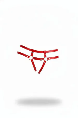 Red Faux Leather Garter Belt Thong with O-Ring Details