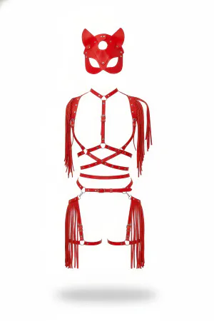 Red Faux Leather Body Harness Set Women Adjustable Straps Fringe Cat Mask