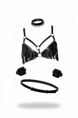Black Fringe Harness Bralette Set with Choker Cuffs and Waist Belt