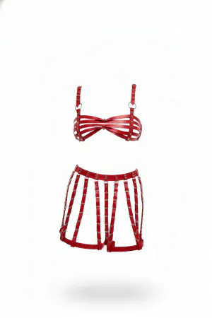 Kırmızı Suni Deri Bantlı Bralet ve Mini Etek Takımı, Ayarlanabilir Tokalı
