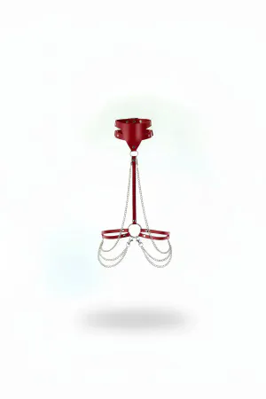 Red Faux Leather Neck and Underbust Harness with Silver and Red Chains