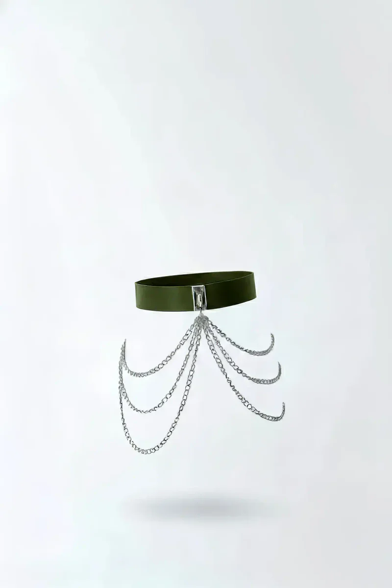 Khaki Faux Leather Waist Harness Draped Silver Chains