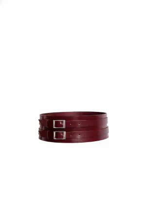 Bordo çift tokalı geniş deri bel kemeri