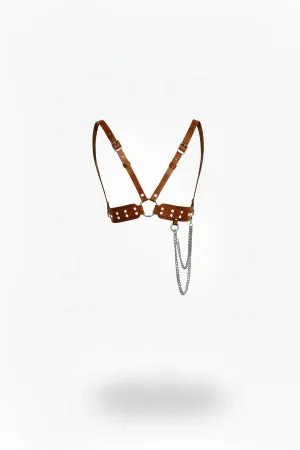 Cognac Studded Faux Leather Chest Harness with Draped Silver Chain