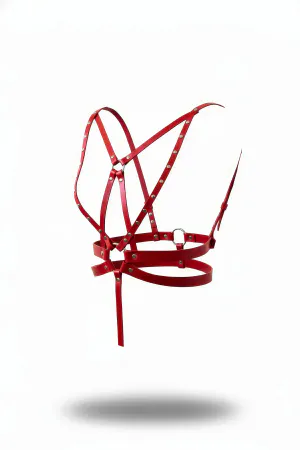 Red Studded Faux Leather Chest Harness Caged Strappy Design