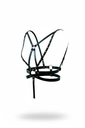 Black Faux Leather Studded Body Harness with Silver O-Rings and Adjustable Straps