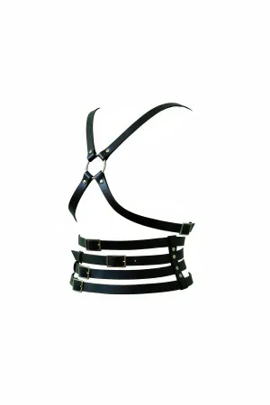 Black Faux Leather X-Back Chest Harness Four Waist Straps