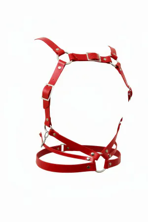 Red Faux Leather Body Harness Women Adjustable Straps Silver O-Rings