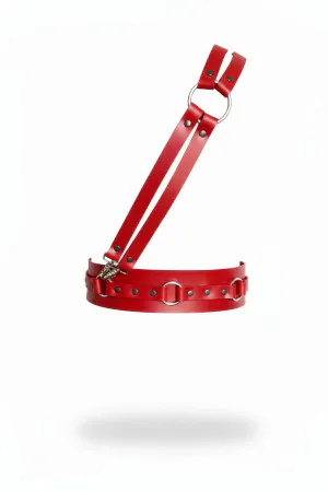 Red faux leather chest harness with silver O-ring accents and double straps
