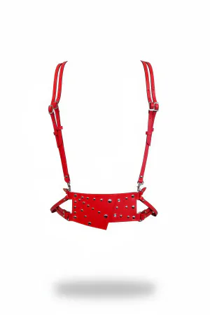 Red Asymmetrical Underbust Harness Faux Leather Studded Adjustable Straps
