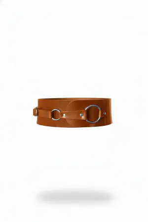 Cognac Faux Leather Waist Cinch Belt Wide O-Rings Adjustable Buckle