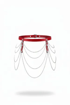 Red Faux Leather Waist Harness Draped Silver Chains Adjustable Buckle