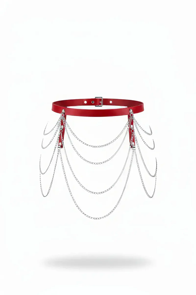 Red Faux Leather Waist Harness Draped Silver Chains Adjustable Buckle
