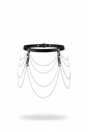 Black Faux Leather Waist Belt with Draped Silver Chains Adjustable Buckle