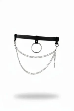 Black Faux Leather O-Ring Waist Belt with Layered Silver Chains