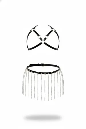 Black faux leather chest harness and chain fringe skirt set