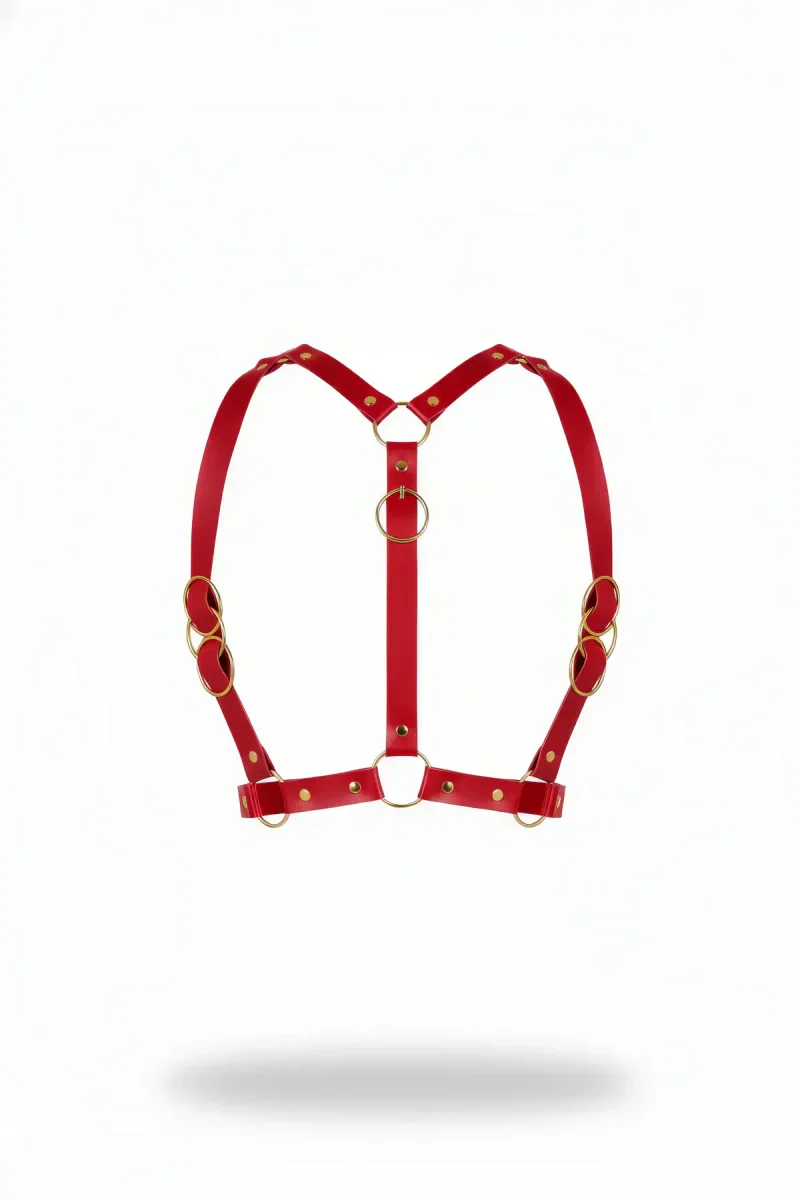 Red Faux Leather Chest Harness Gold O-Rings Adjustable Straps