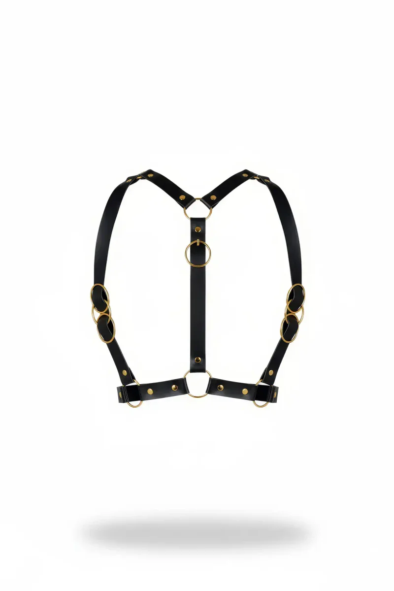 Black Faux Leather Chest Harness with Gold O-Rings Rivets Front View