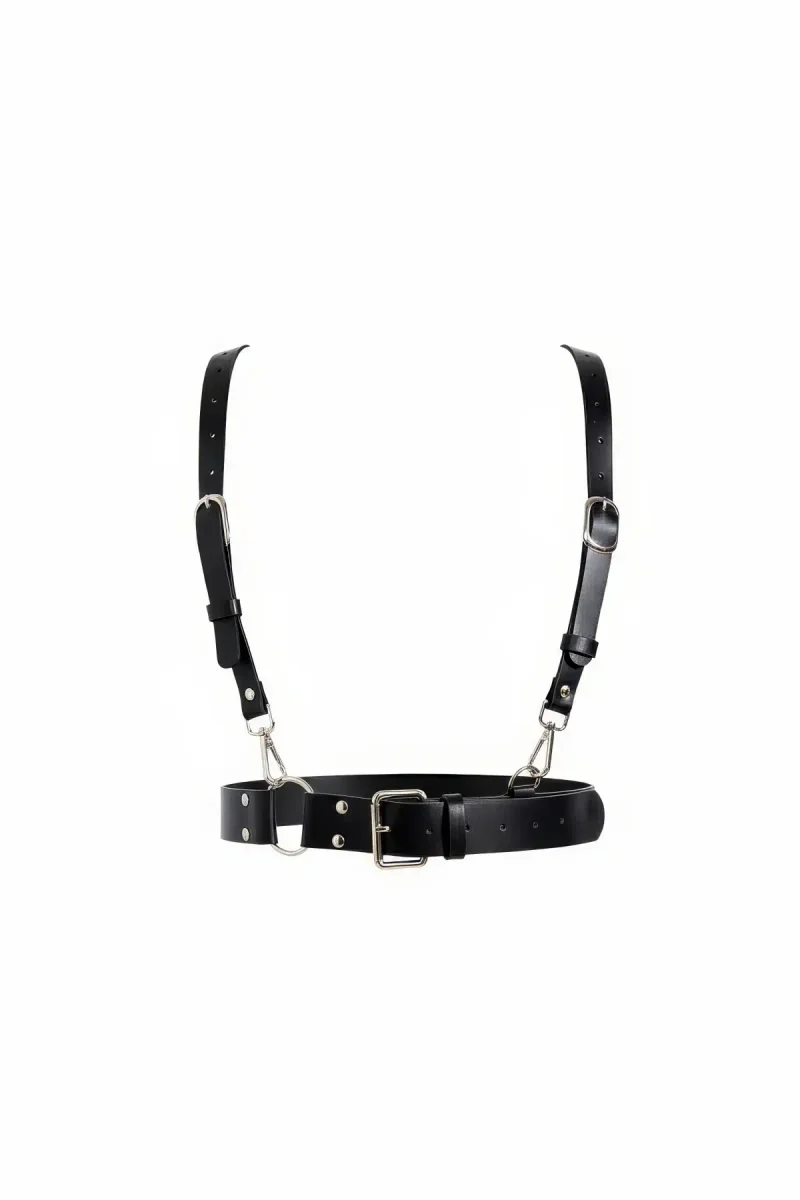 Black Faux Leather Body Harness Adjustable Straps Silver Hardware