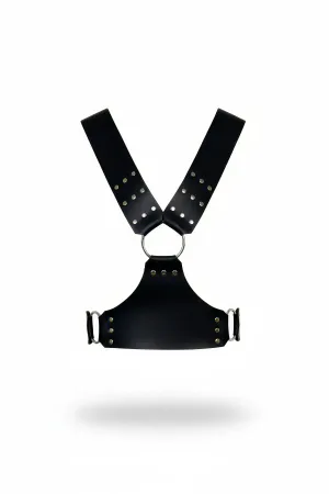Siyah zımbalı V yaka göğüs harness aksesuarı metal halkalı