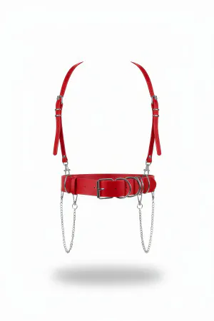 Red faux leather waist harness with silver O-rings and detachable chain accents