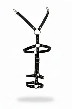 Black faux leather garter harness with adjustable straps and O-ring detail