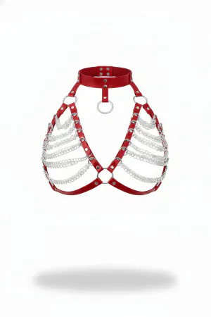 Red Faux Leather Chain Draped Chest Harness with Choker, Silver Hardware