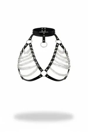 Black Faux Leather Chain Draped Chest Harness with Choker and Silver O-Rings
