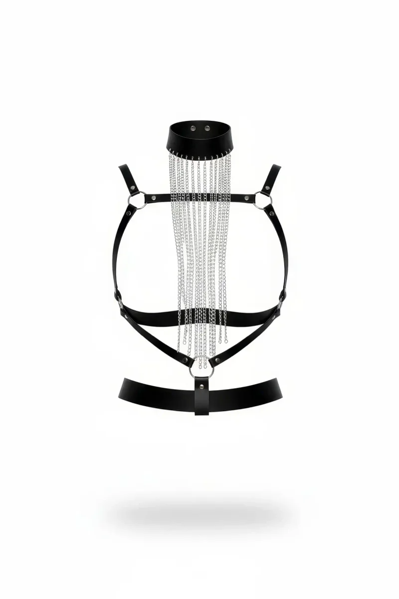Black faux leather body harness with choker and silver waterfall chains
