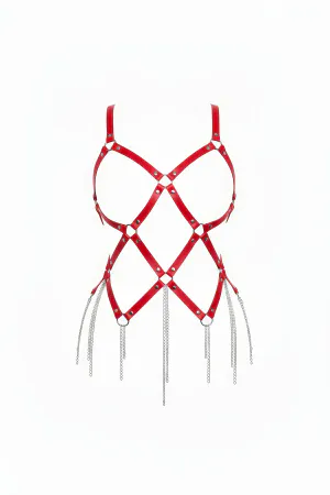 Red faux leather body harness with diamond strapping and silver chain drip