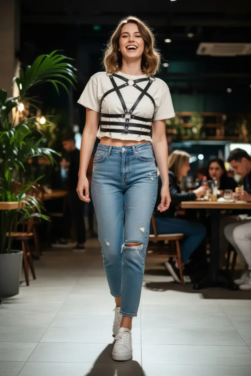Black Star Cage Harness Front View with Jeans