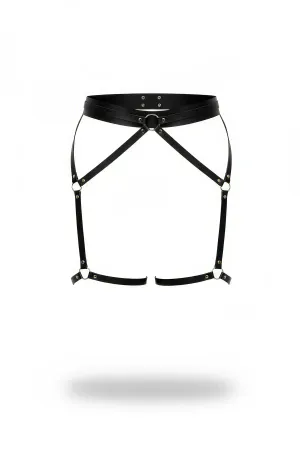 Black faux leather garter harness with O-ring detail and adjustable straps