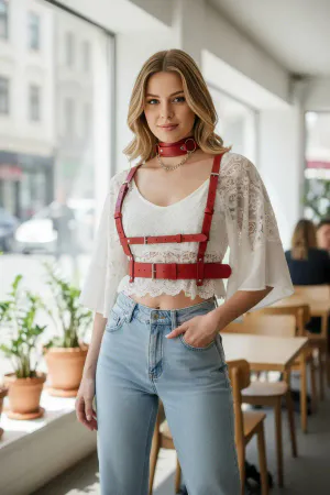 Red Vegan Leather Chest Harness Women Adjustable Buckle Straps Choker