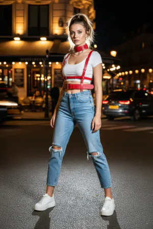 Red Vegan Leather Chest Harness Women Adjustable Buckle Straps Choker