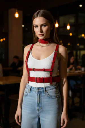 Red Vegan Leather Chest Harness Women Adjustable Buckle Straps Choker