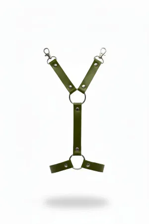 Olive faux leather O-ring garter harness with adjustable clips