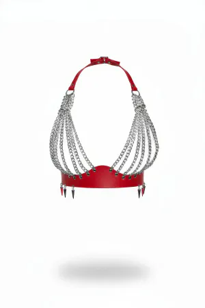 Red Faux Leather Chain Chest Harness with Spike Studs