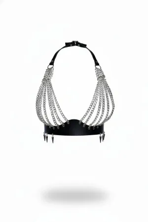 Black Faux Leather Chain Fringe Chest Harness with Spiked Underbust Band