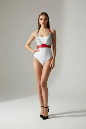 Red faux leather body harness with silver chain drape and adjustable straps