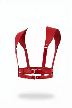 Red Faux Leather Structured Shoulder Chest Harness with Double Buckle Waist