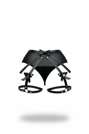 Black High Waist Mesh Garter with Faux Leather Bow Accents