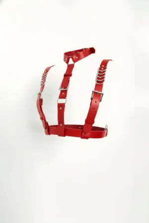 Red Faux Leather Chest Harness with Silver O-Ring Chains