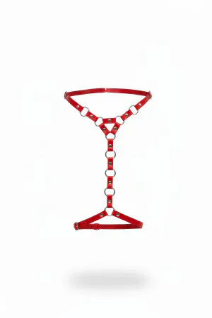 Red faux leather strappy body harness with O-ring details