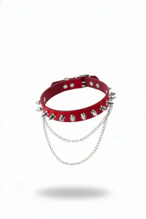 Red faux leather spiked choker with three layered silver chains
