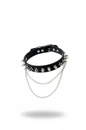 Black faux leather spiked choker with double silver chains